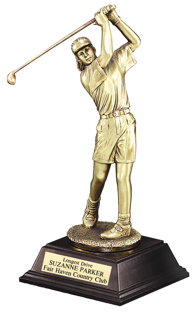 Female Golfer Swing Resin Trophy with Gold Finish