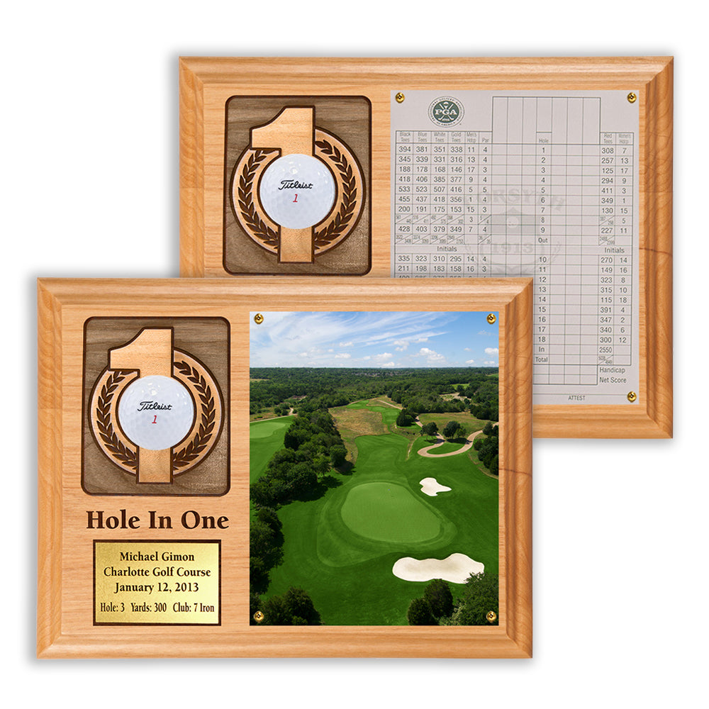 Hole In One Ball and Photo/Scorecard Plaque - Horizontal with Brass Plate