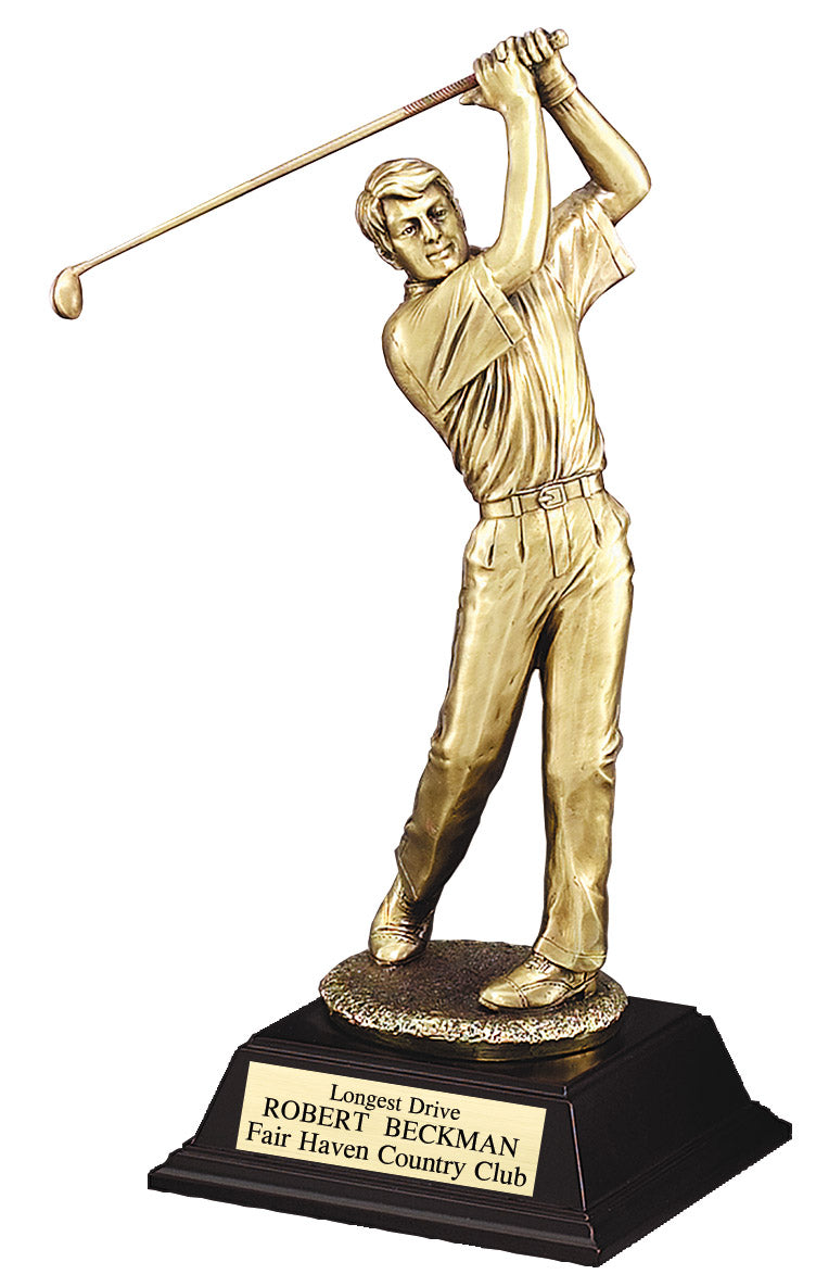 Male Golfer Swing Resin Trophy with Gold Finish