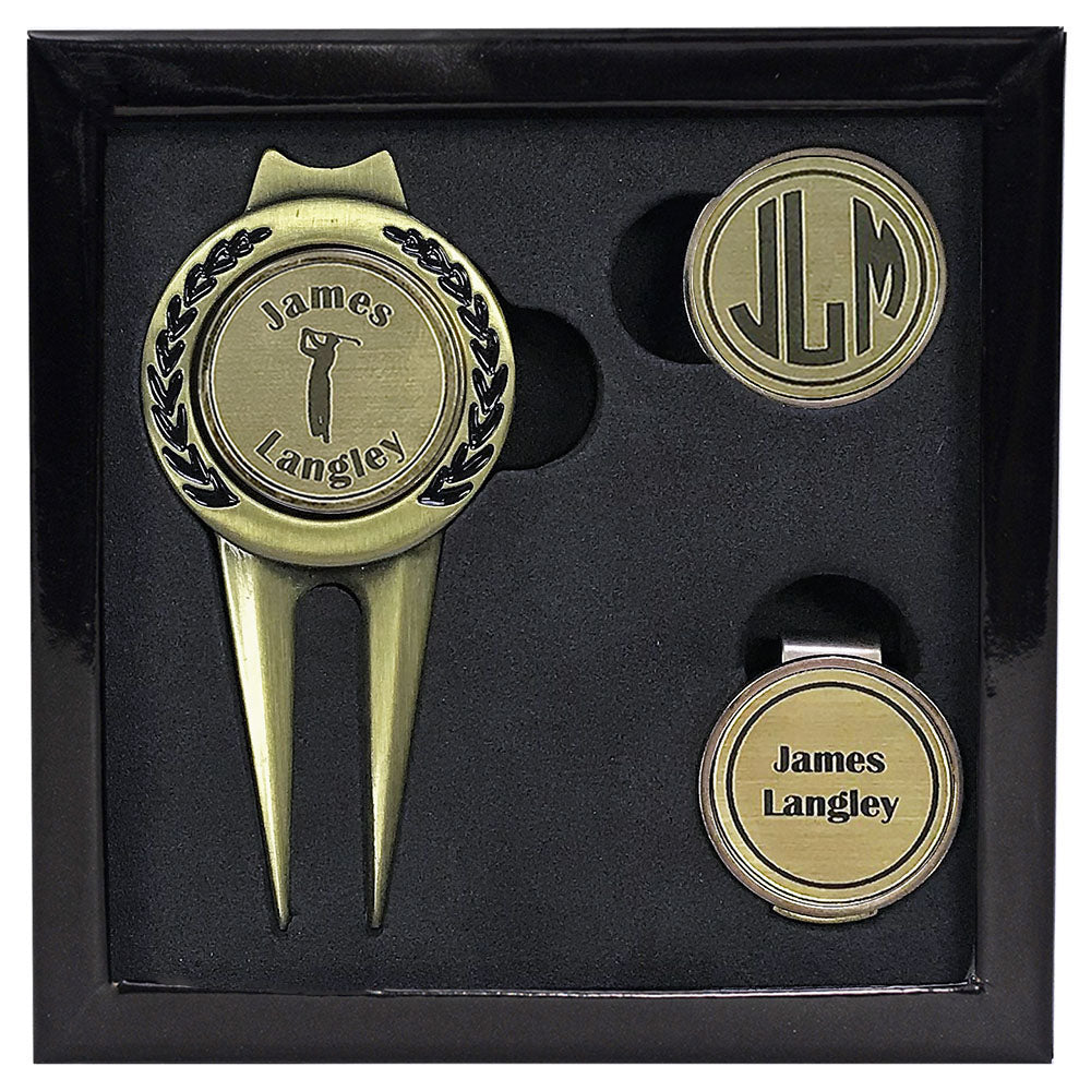 Deluxe Personalized Divot Tool / Hat Clip Golf Ball Marker Set
