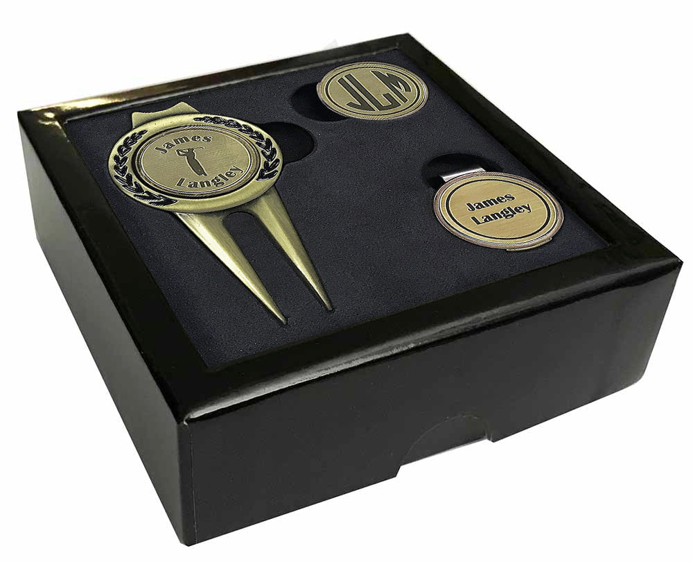 Deluxe Personalized Divot Tool / Hat Clip Golf Ball Marker Set