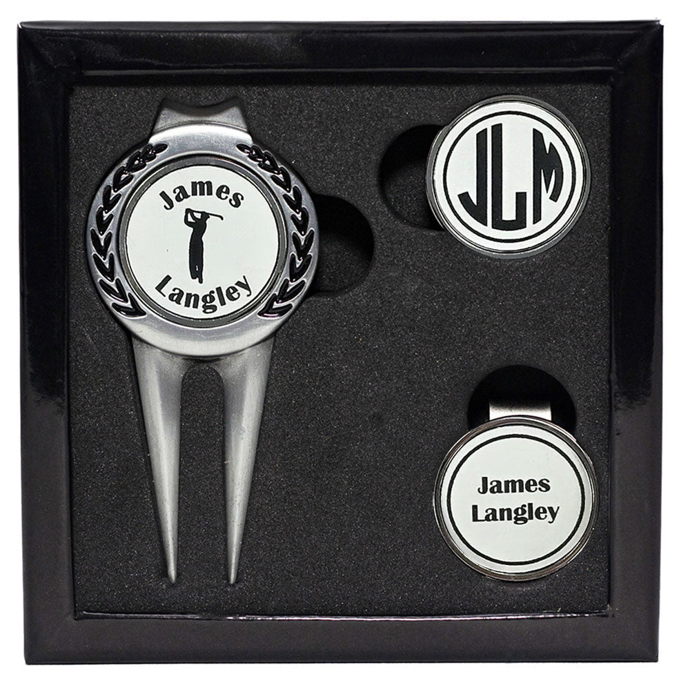 Deluxe Personalized Divot Tool / Hat Clip Golf Ball Marker Set
