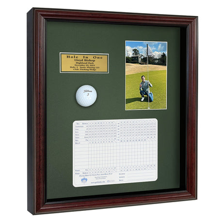 Hole-In-One Ball, Vertical Photo, and Scorecard Shadowbox -- Cherry