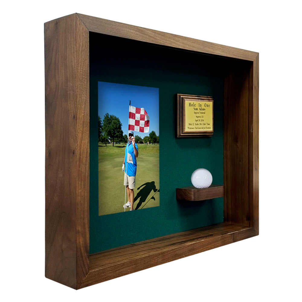Hole In One Ball & Vertical Photo/Scorecard Shadowbox -- Walnut