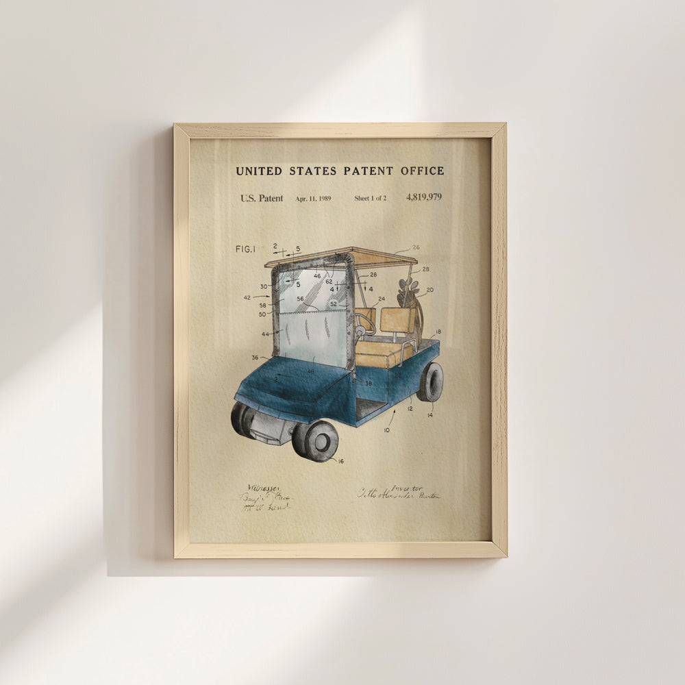 Golf Patent Print - Blue Golf Cart