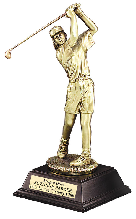 Female Golfer Swing Resin Trophy with Gold Finish
