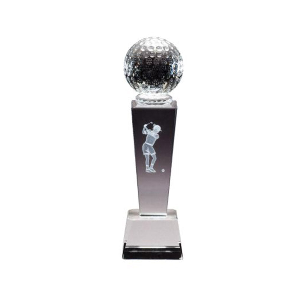Golf  Ball PedestalOptical Crystal Award w/3D Female Golfer