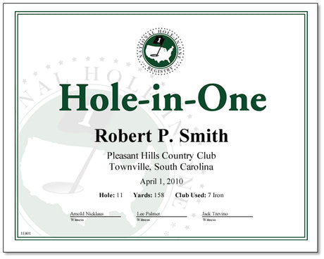 Hole in One Award Certificate