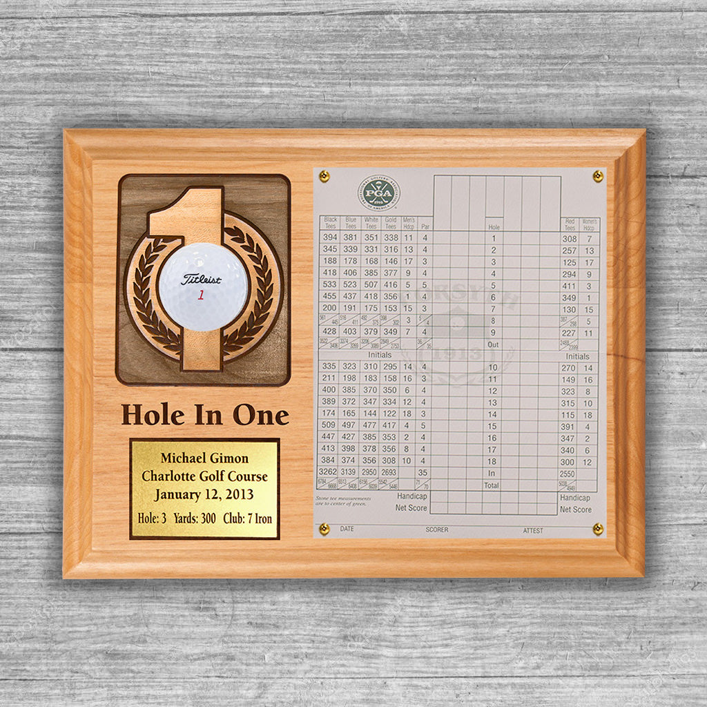 Hole In One Ball and Photo/Scorecard Plaque - Horizontal with Brass Plate
