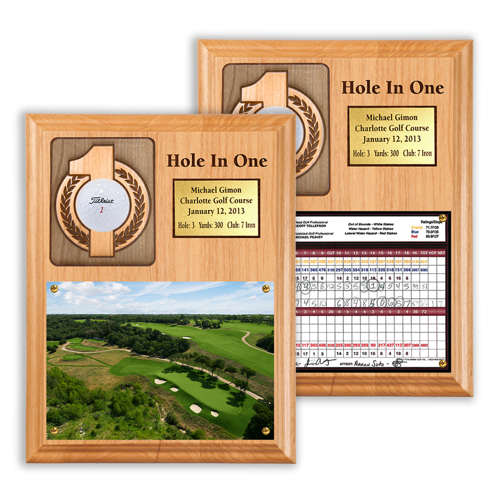 Hole In One Ball and Photo/Scorecard Plaque - Vertical with Brass Plate