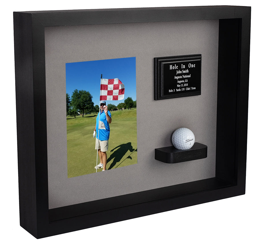 Hole In One Ball & Vertical Photo/Scorecard Shadowbox -- Black/Gray