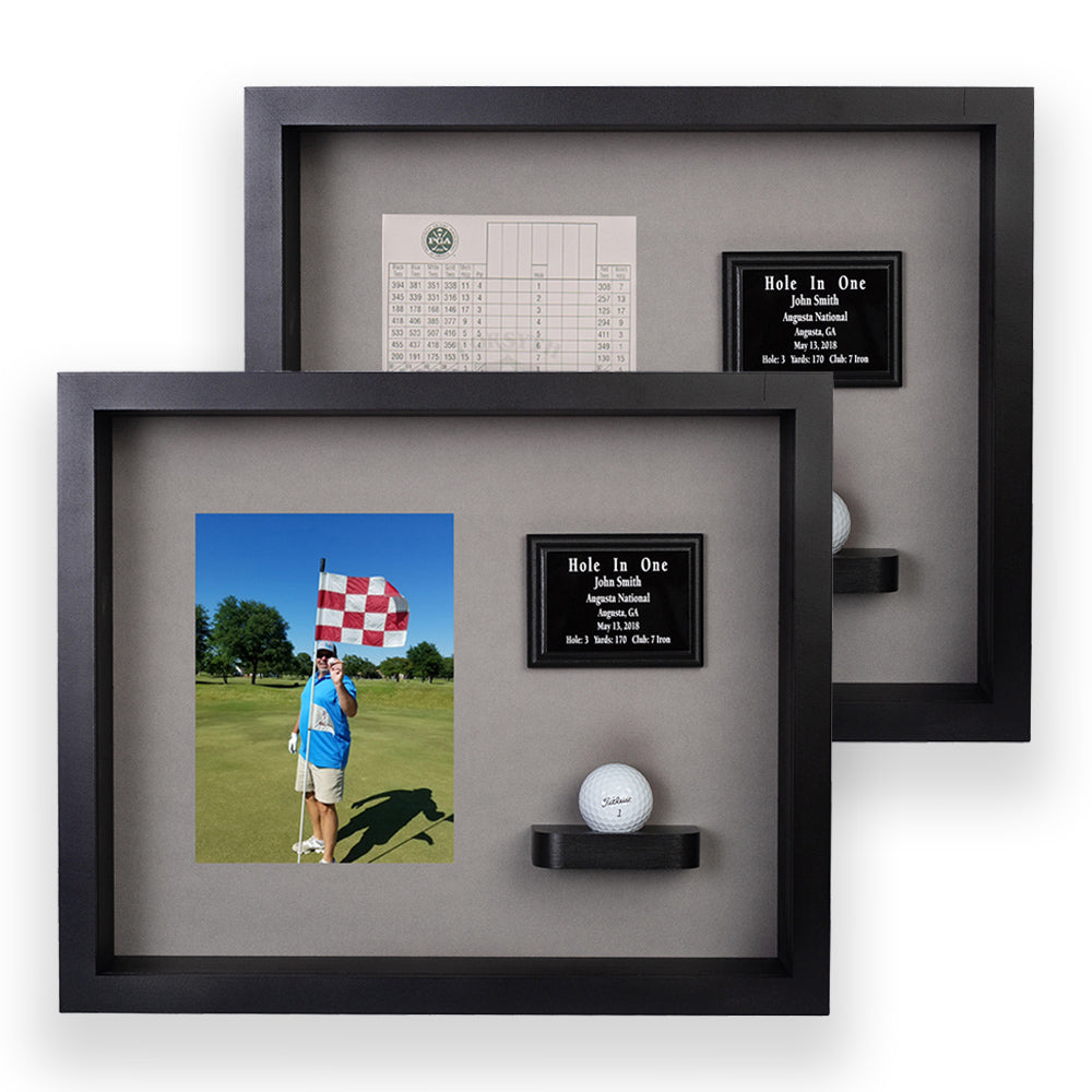 Hole In One Ball & Vertical Photo/Scorecard Shadowbox -- Black/Gray