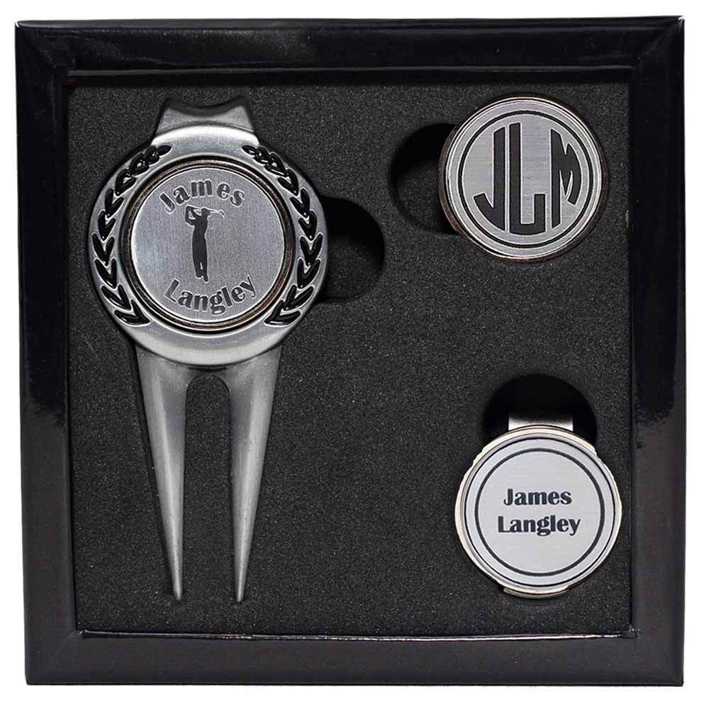 Deluxe Personalized Divot Tool / Hat Clip Golf Ball Marker Set